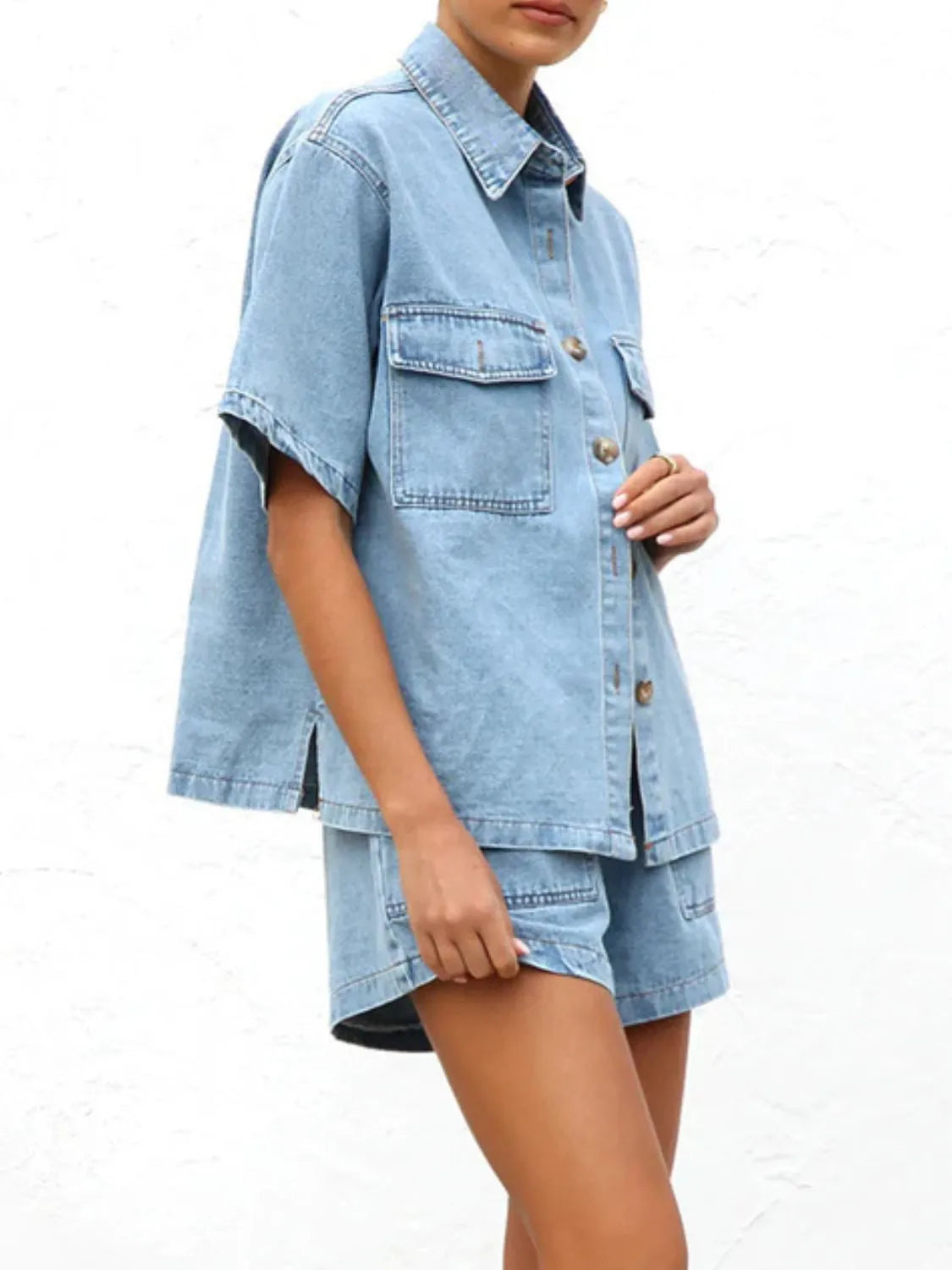 Button Up Short Sleeve Top and Shorts Denim Set - Premium Women / Jeans & Denim from Trendsi - Just $66.70! Shop now at Handbags Specialist Headquarter