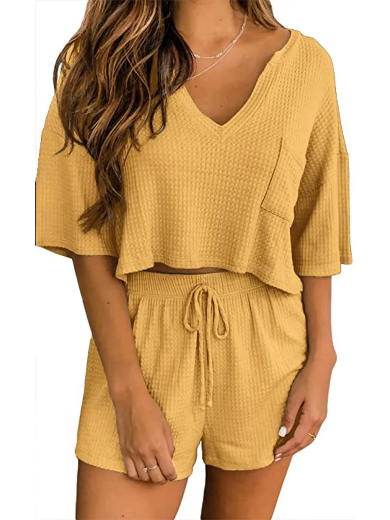 Waffle Knit Top and Shorts Lounge Set - Premium Sleepwear from Trendsi - Just $29.99! Shop now at Handbags Specialist Headquarter