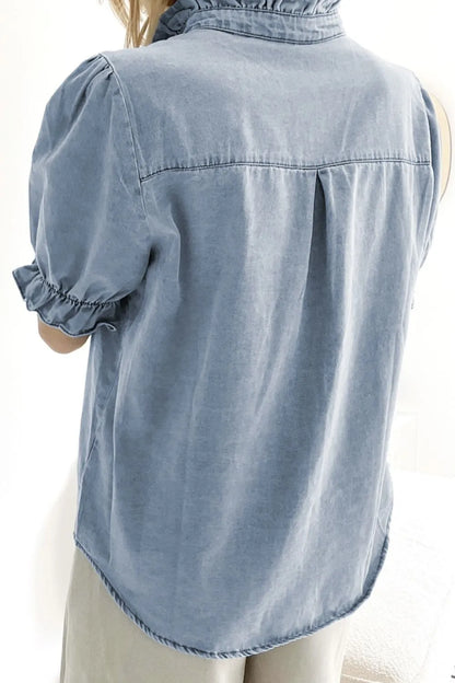 Ruffle Short Puff Sleeve Button Down Denim Shirt - Premium Women / Jeans & Denim from Trendsi - Just $47.50! Shop now at Handbags Specialist Headquarter