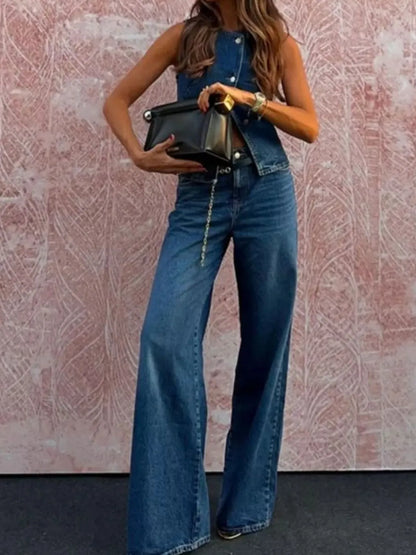 Button Down Vest and Flare Jeans Denim Set - Premium Women / Jeans & Denim from Trendsi - Just $71.50! Shop now at Handbags Specialist Headquarter