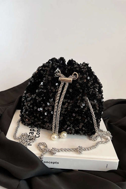Sequin Chain Drawstring Bucket Bag - Premium Crossbody Bag from Trendsi - Just $21.99! Shop now at Handbags Specialist Headquarter