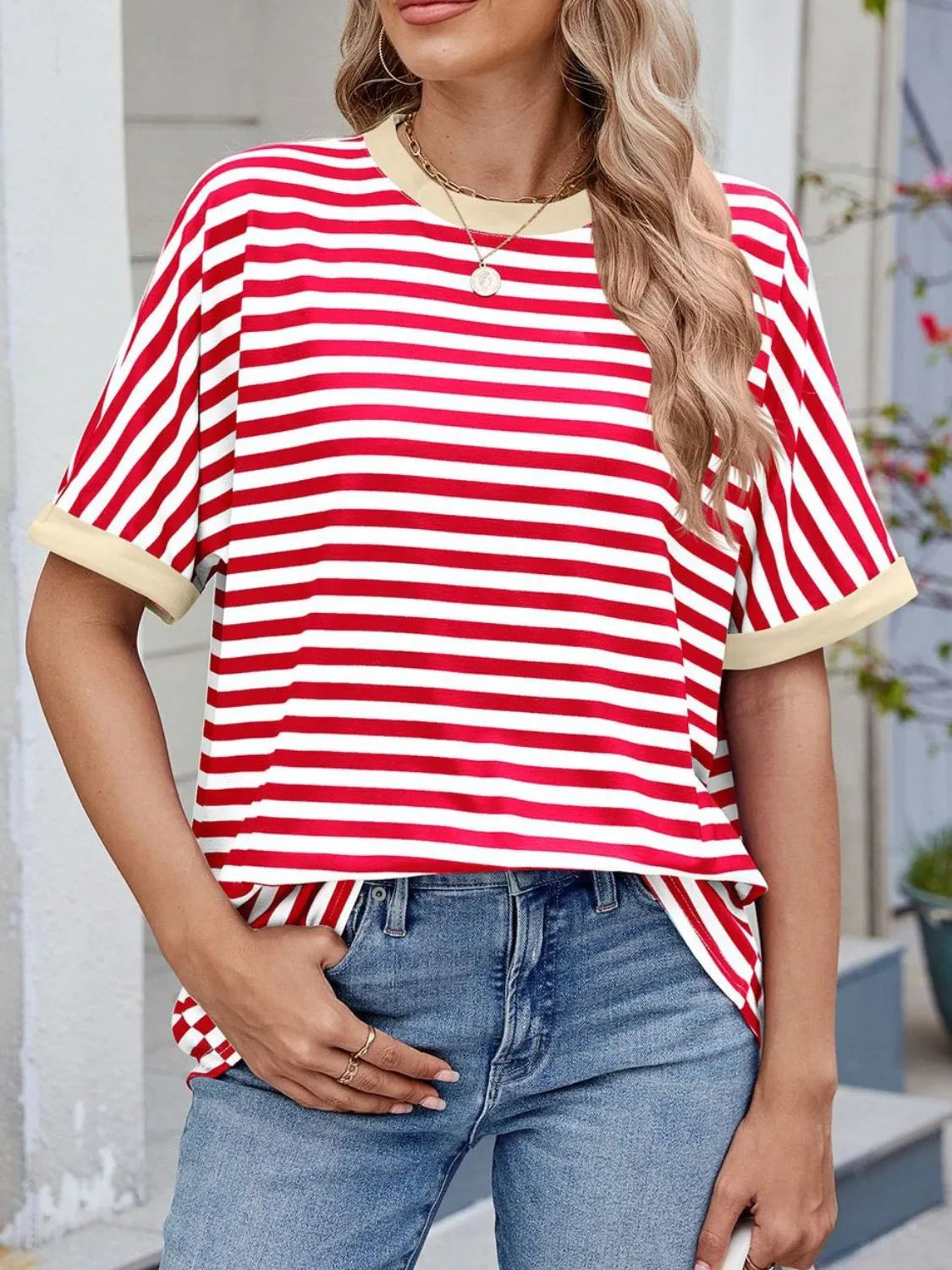 Striped Round Neck Half Sleeve T-Shirt - Premium Women / Tops from Trendsi - Just $19.34! Shop now at Handbags Specialist Headquarter