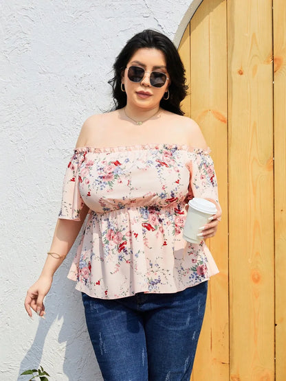 Plus Size Frill Printed Flutter Sleeve Blouse - Premium Plus Size Shirts from Trendsi - Just $21! Shop now at Handbags Specialist Headquarter