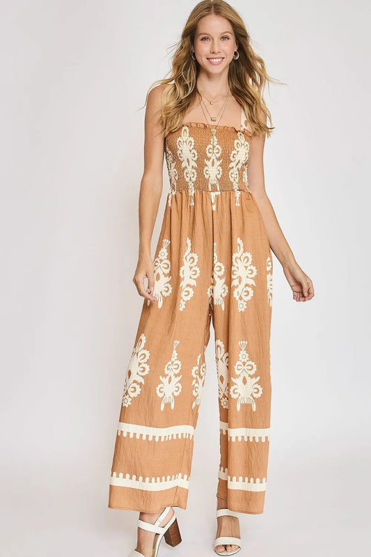 Umgee Full Size Smocked Printed Wide Leg Jumpsuit Plus Size - Premium Dresses from Trendsi - Just $55.99! Shop now at Handbags Specialist Headquarter