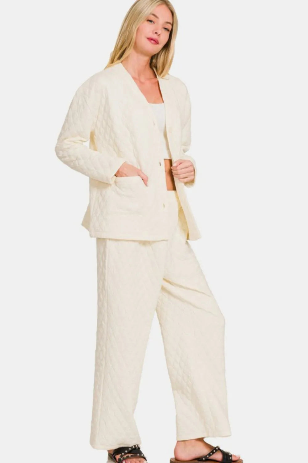 Zenana Quilted Button Up Long Sleeve Top and Pants Lounge Set - Premium Sleepwear from Trendsi - Just $46.99! Shop now at Handbags Specialist Headquarter