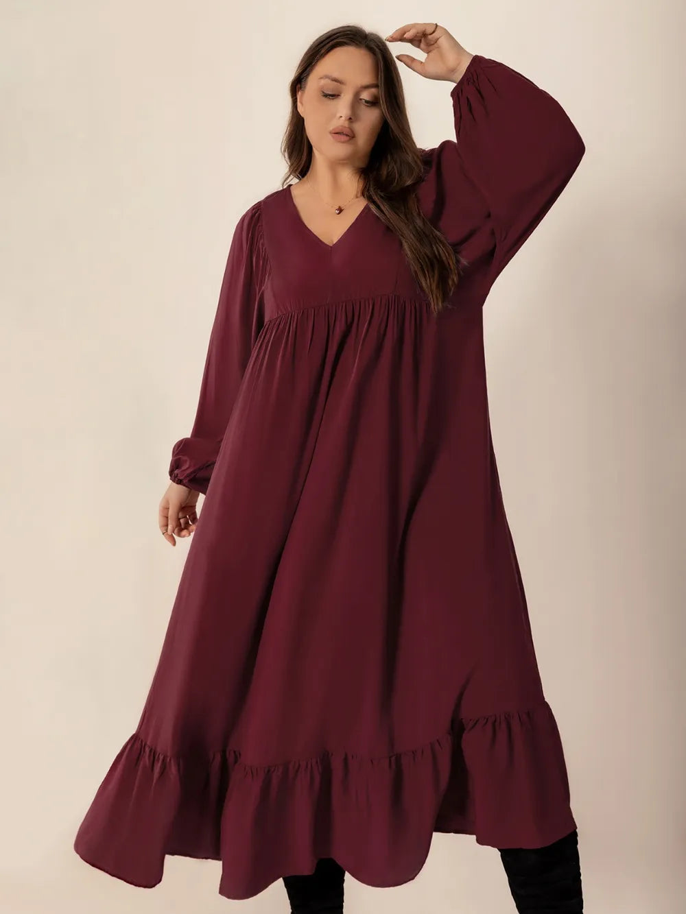 Plus Size Ruffled Hem V-Neck Balloon Sleeve Dress - Premium Dresses from Trendsi - Just $38.99! Shop now at Handbags Specialist Headquarter