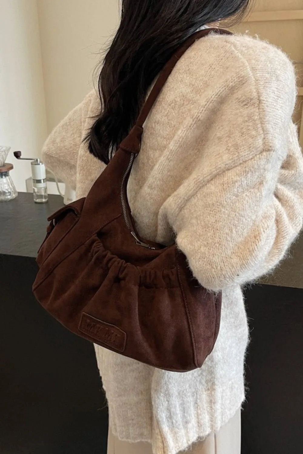 Ruched Suede Handbag with Zipper - Premium Tote Bag from Trendsi - Just $44.99! Shop now at Handbags Specialist Headquarter