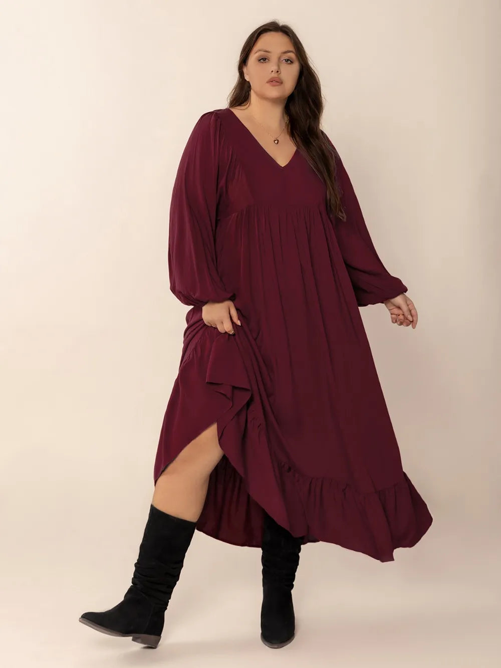 Plus Size Ruffled Hem V-Neck Balloon Sleeve Dress - Premium Dresses from Trendsi - Just $38.99! Shop now at Handbags Specialist Headquarter