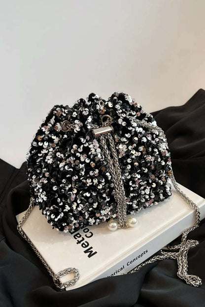 Sequin Chain Drawstring Bucket Bag - Premium Crossbody Bag from Trendsi - Just $21.99! Shop now at Handbags Specialist Headquarter