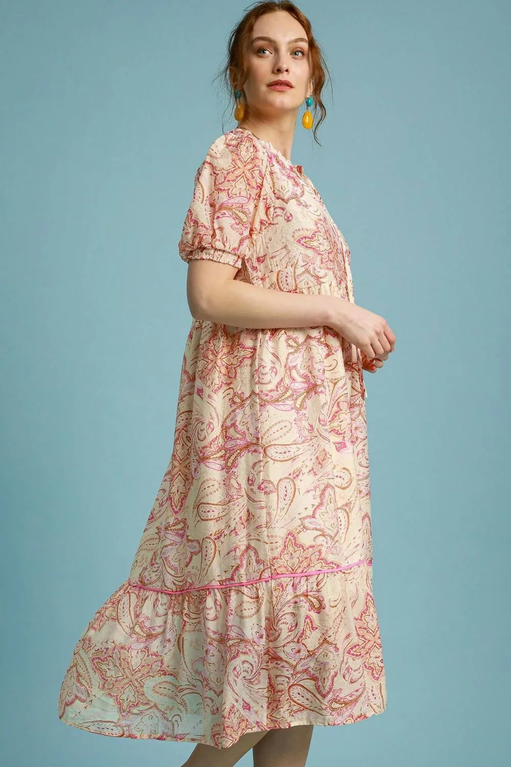 Umgee Full Size Printed Puff Short Sleeve Midi Dress Plus Size - Premium Dresses from Trendsi - Just $58.99! Shop now at Handbags Specialist Headquarter