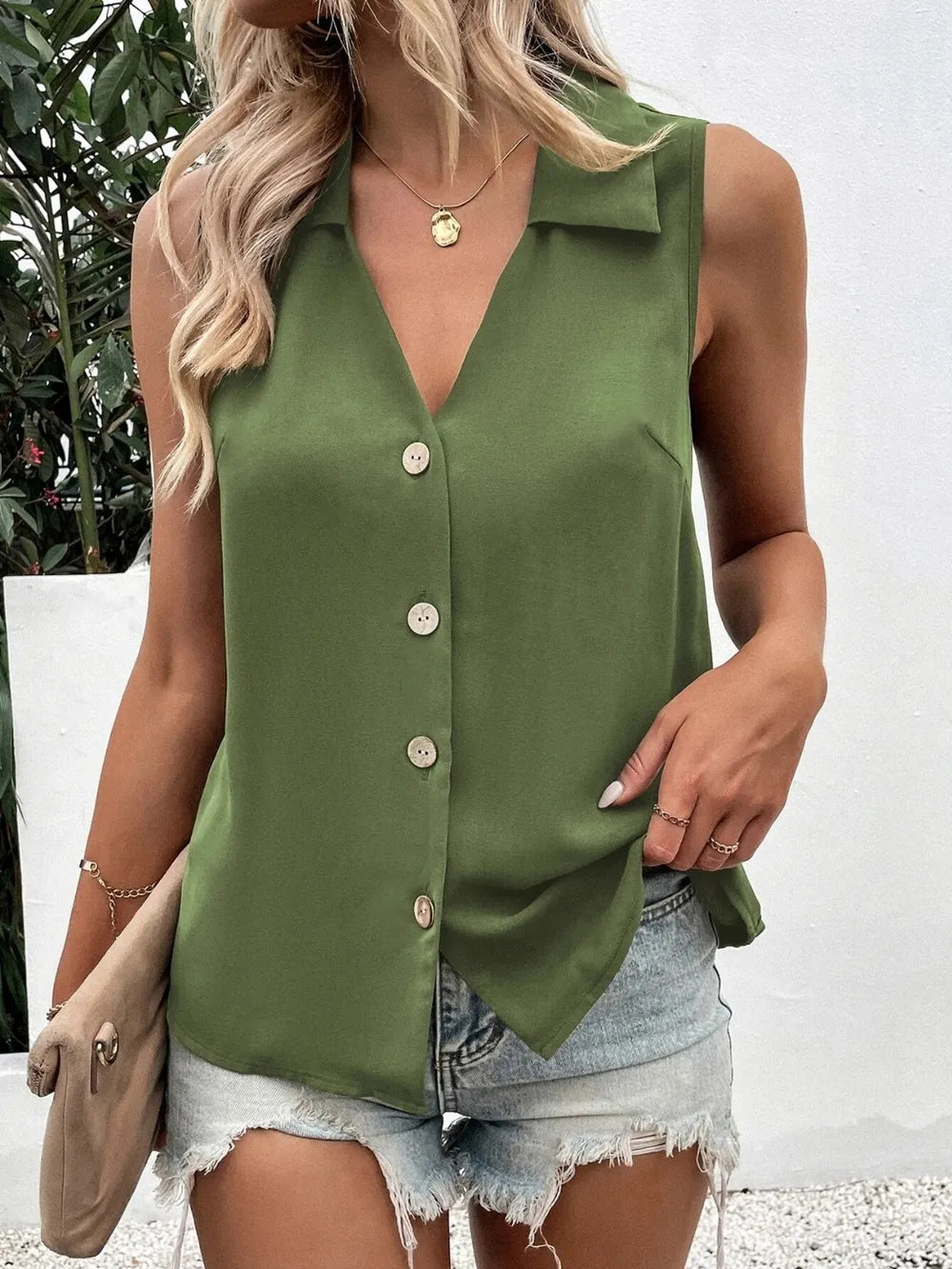 Full Size Johnny Collar Button Down Tank Plus Size - Premium Dresses from Trendsi - Just $20.99! Shop now at Handbags Specialist Headquarter