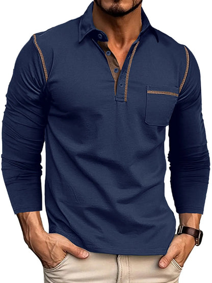 Men's Long Sleeve Polo Shirt with Contrast Stitching - Premium Men's Polo shirt from Trendsi - Just $39.99! Shop now at Handbags Specialist Headquarter