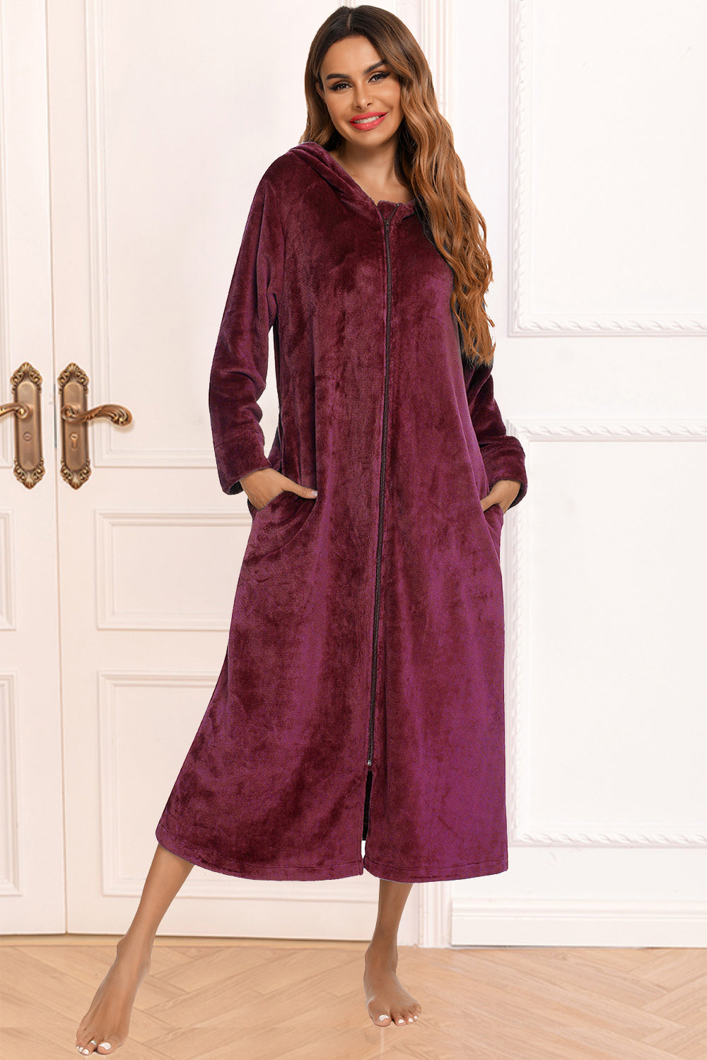 Zip Front Hooded Night Dress with Pockets - Premium Sleepwear from Trendsi - Just $60.99! Shop now at Handbags Specialist Headquarter