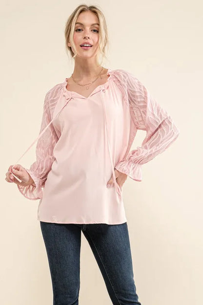 And The Why Leaves Shape Textured Sleeve Blouse - Premium Tops from Trendsi - Just $38.88! Shop now at Handbags Specialist Headquarter