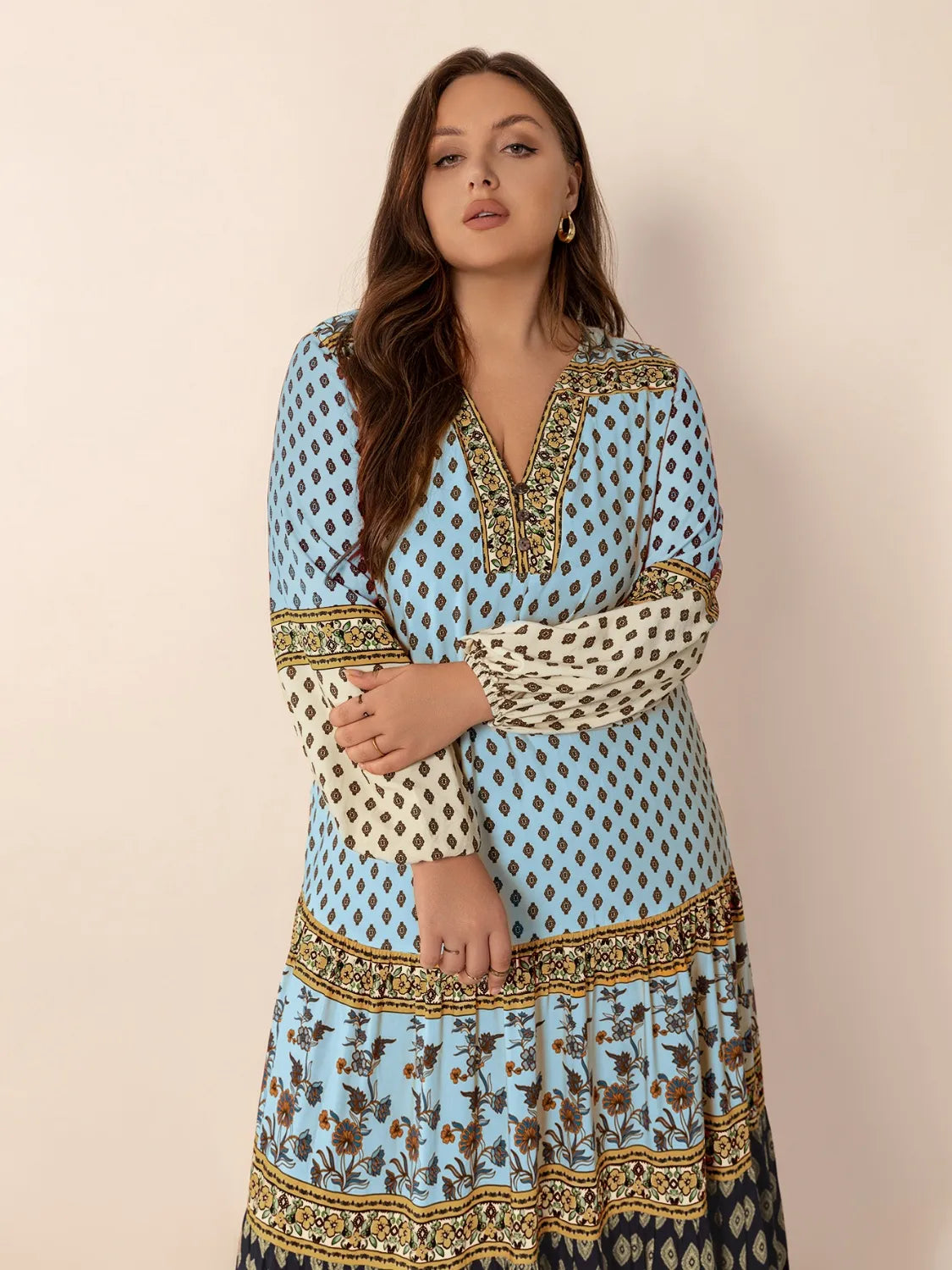 Plus Size Printed V-Neck Balloon Sleeve Maxi Dress - Premium Dresses from Trendsi - Just $52.99! Shop now at Handbags Specialist Headquarter