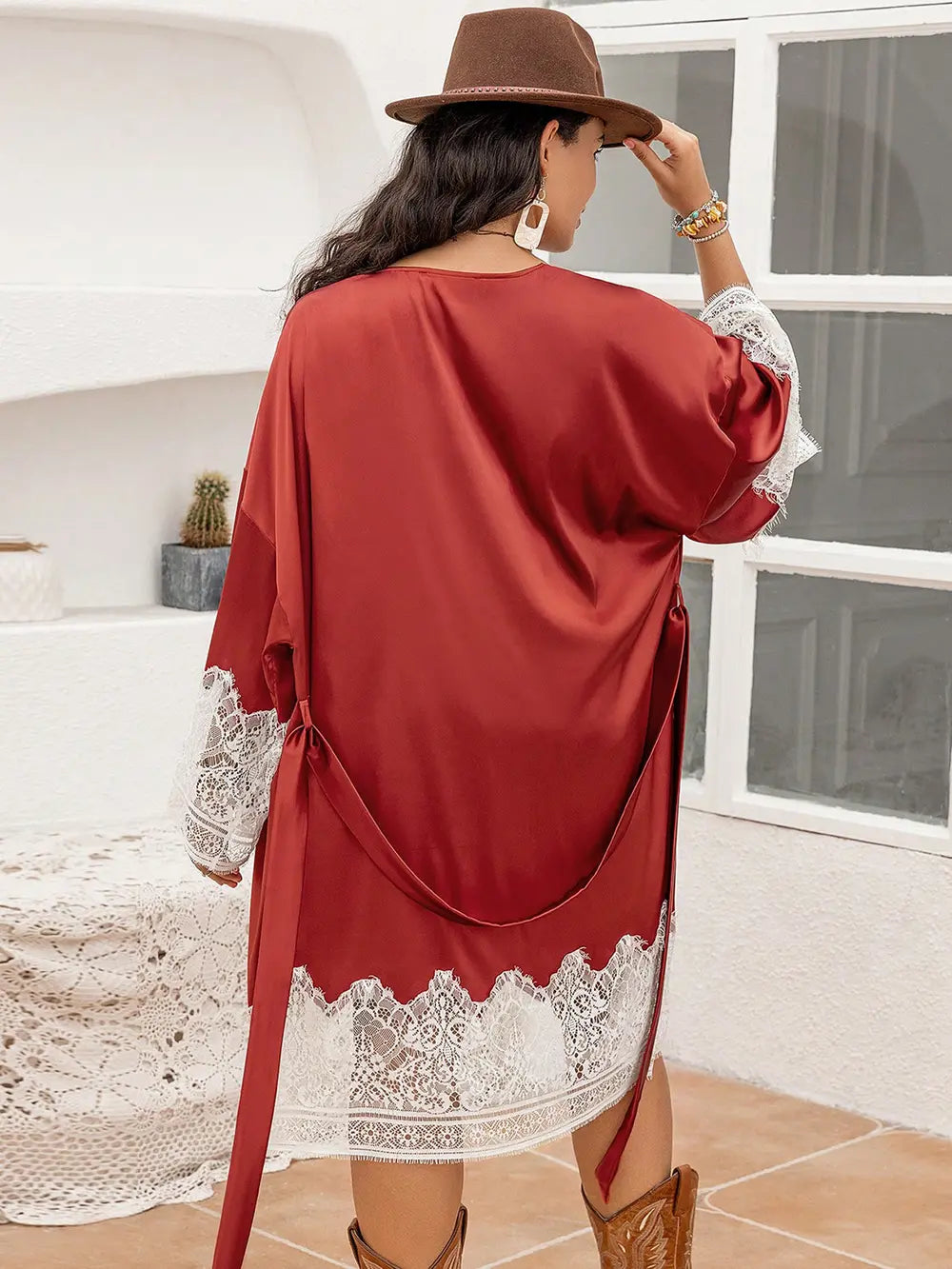 Plus Size Lace Patchwork Tie Front Robe - Premium Sleepwear from Trendsi - Just $32! Shop now at Handbags Specialist Headquarter