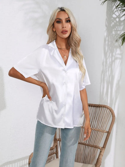 Button Down Short Sleeve Shirt - Premium Women's Down Shirt Tops from Trendsi - Just $19.48! Shop now at Handbags Specialist Headquarter