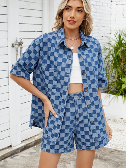 Checkered Shirt and Shorts Denim Set - Premium Women / Jeans & Denim from Trendsi - Just $69.06! Shop now at Handbags Specialist Headquarter