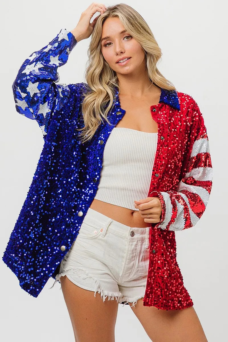 BiBi American Flag Sequin Snap Down Shirt - Premium Women / Jeans & Denim from Trendsi - Just $64.30! Shop now at Handbags Specialist Headquarter