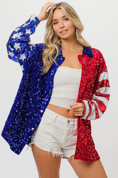 BiBi American Flag Sequin Snap Down Shirt - Premium Women / Jeans & Denim from Trendsi - Just $64.30! Shop now at Handbags Specialist Headquarter