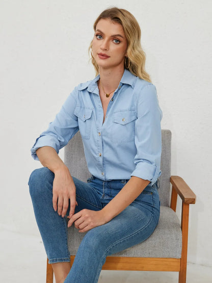 Pocketed Button Up Long Sleeve Denim Shirt - Premium Women / Jeans & Denim from Trendsi - Just $33! Shop now at Handbags Specialist Headquarter