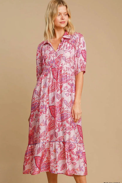 Umgee Full Size Ruffled Hem Floral Paisley Print Half Sleeve Midi Dress Plus Size - Premium Dresses from Trendsi - Just $55.99! Shop now at Handbags Specialist Headquarter