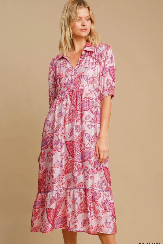 Umgee Full Size Ruffled Hem Floral Paisley Print Half Sleeve Midi Dress Plus Size - Premium Dresses from Trendsi - Just $55.99! Shop now at Handbags Specialist Headquarter