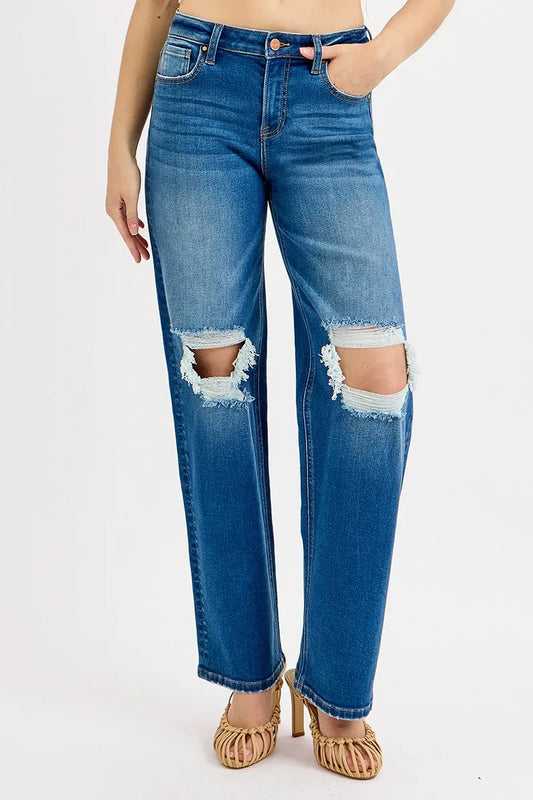 RISEN Full Size Mid Waist Fit Boyfriend Knee Distressed Jeans Plus Size - Premium Women / Jeans & Denim from Trendsi - Just $64.99! Shop now at Handbags Specialist Headquarter