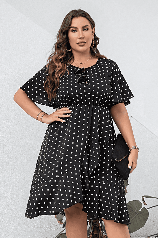 Plus Size Polka Dot Flutter Sleeve Dress - Premium Dresses from Trendsi - Just $46.99! Shop now at Handbags Specialist Headquarter