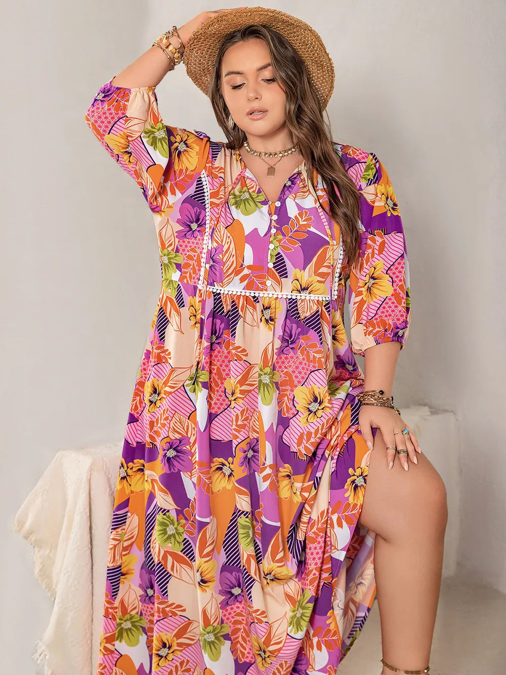 Plus Size Printed Tie Neck Maxi Dress - Premium Dresses from Trendsi - Just $46.99! Shop now at Handbags Specialist Headquarter