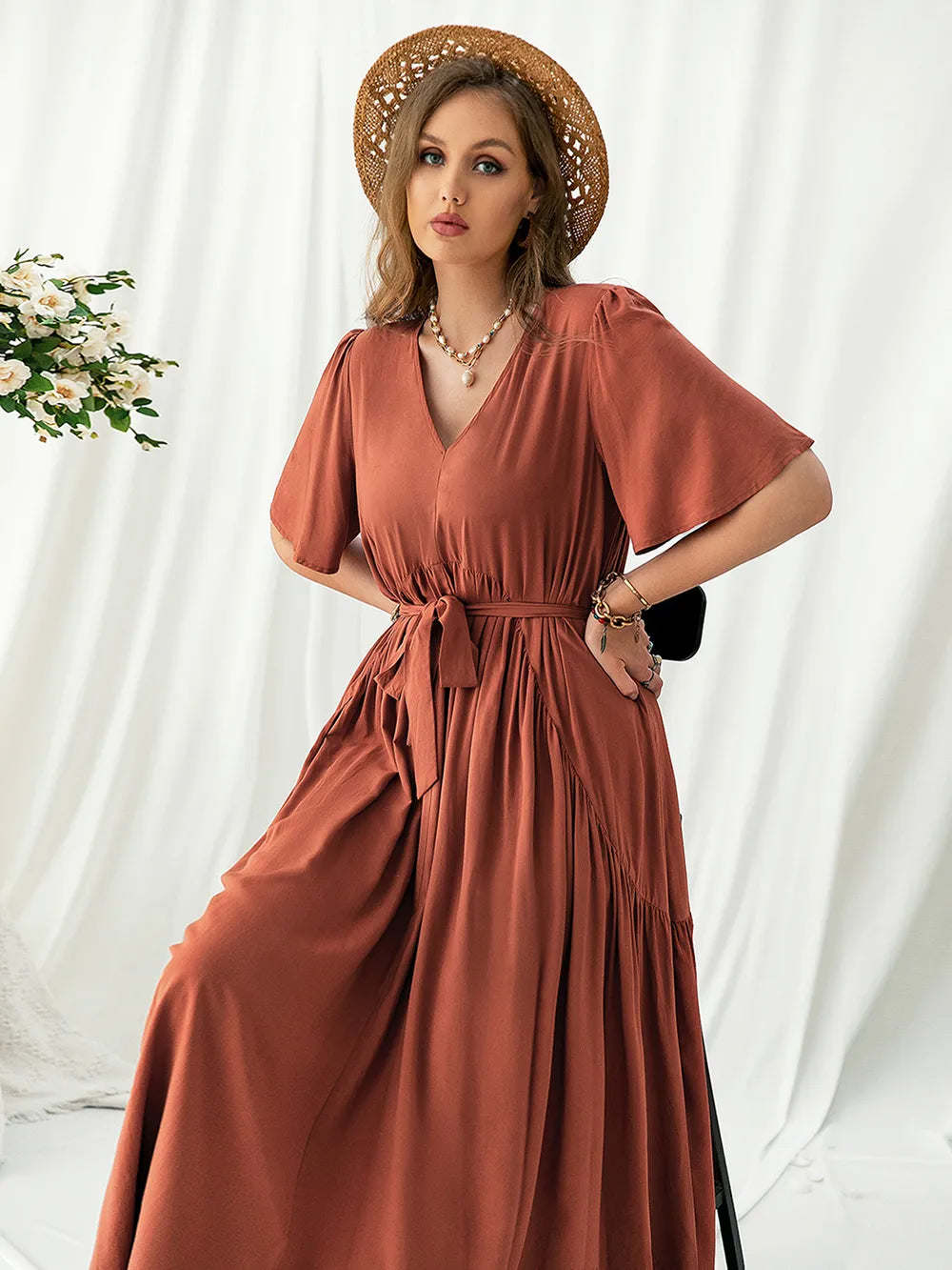 Plus Size V-Neck Flutter Sleeve Midi Dress - Premium Dresses from Trendsi - Just $46.99! Shop now at Handbags Specialist Headquarter