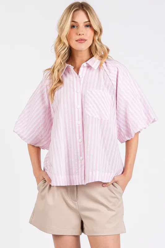 Mittoshop Button Down Striped Puff Sleeve Shirt - Premium Women's Down Shirt Tops from Trendsi - Just $39.18! Shop now at Handbags Specialist Headquarter