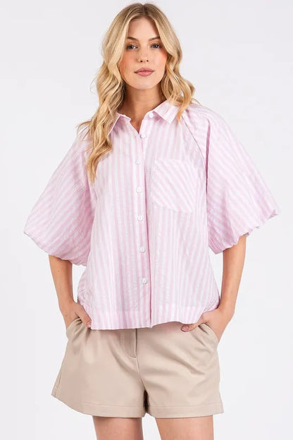 Mittoshop Button Down Striped Puff Sleeve Shirt - Premium Women's Down Shirt Tops from Trendsi - Just $39.18! Shop now at Handbags Specialist Headquarter