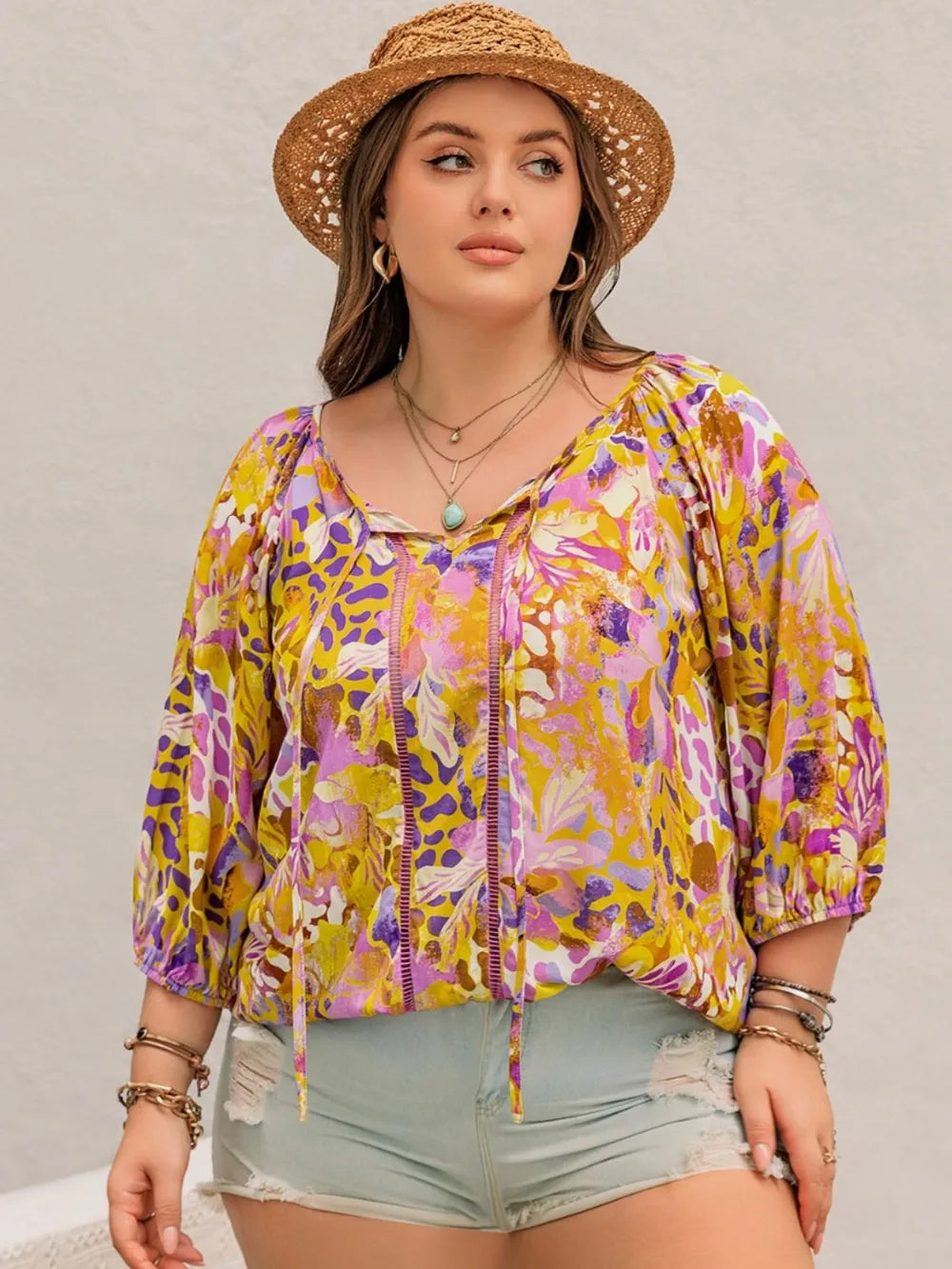 Plus Size Printed Tie Neck Blouse - Premium Plus Size Shirts from Trendsi - Just $28.50! Shop now at Handbags Specialist Headquarter