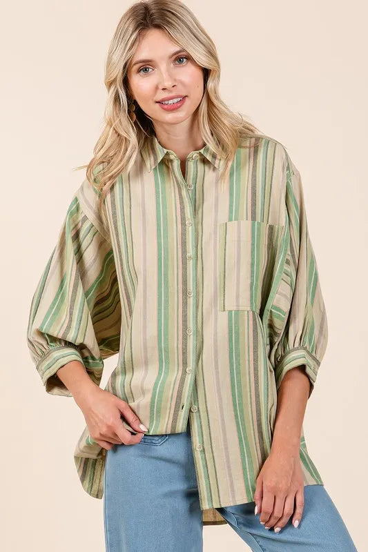 Mittoshop Striped Bubble Sleeve Button Down Shirt - Premium Women's Down Shirt Tops from Trendsi - Just $43.10! Shop now at Handbags Specialist Headquarter