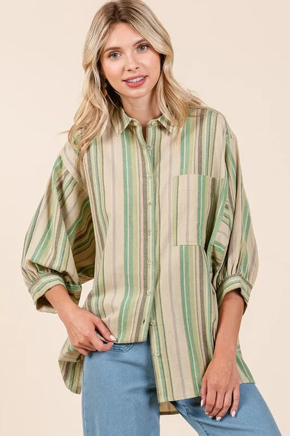 Mittoshop Striped Bubble Sleeve Button Down Shirt - Premium Women's Down Shirt Tops from Trendsi - Just $43.10! Shop now at Handbags Specialist Headquarter