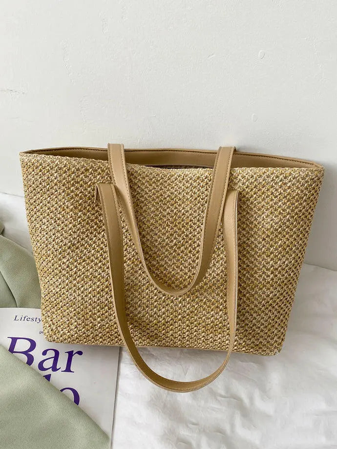 Solid Color Woven Tote Bag - Premium Tote Bag from Trendsi - Just $35.99! Shop now at Handbags Specialist Headquarter