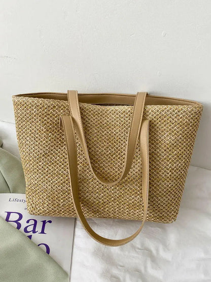 Solid Color Woven Tote Bag - Premium Tote Bag from Trendsi - Just $35.99! Shop now at Handbags Specialist Headquarter