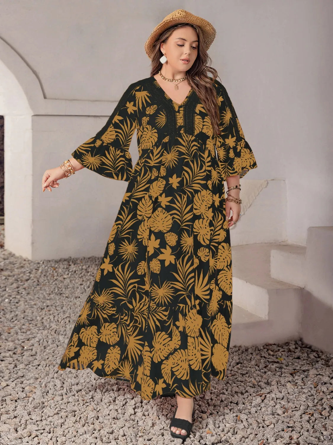 Plus Size Lace Detail Tropical Print Three-Quarter Sleeve Maxi Dress - Premium Dresses from Trendsi - Just $42.99! Shop now at Handbags Specialist Headquarter