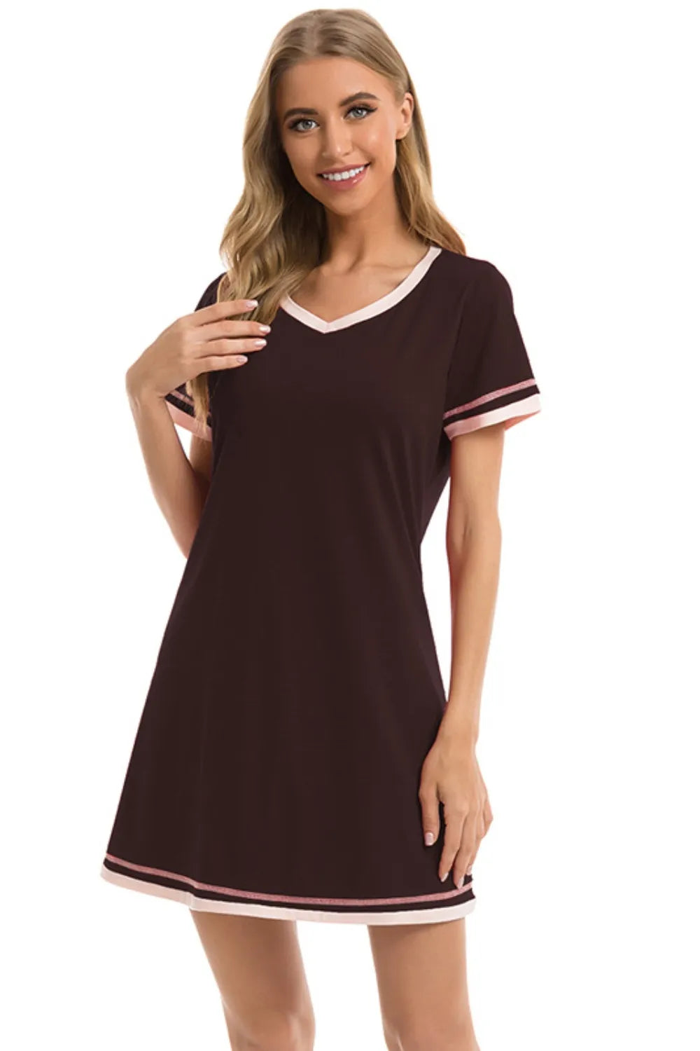 Contrast Trim Short Sleeve Lounge Dress - Premium Sleepwear from Trendsi - Just $26! Shop now at Handbags Specialist Headquarter