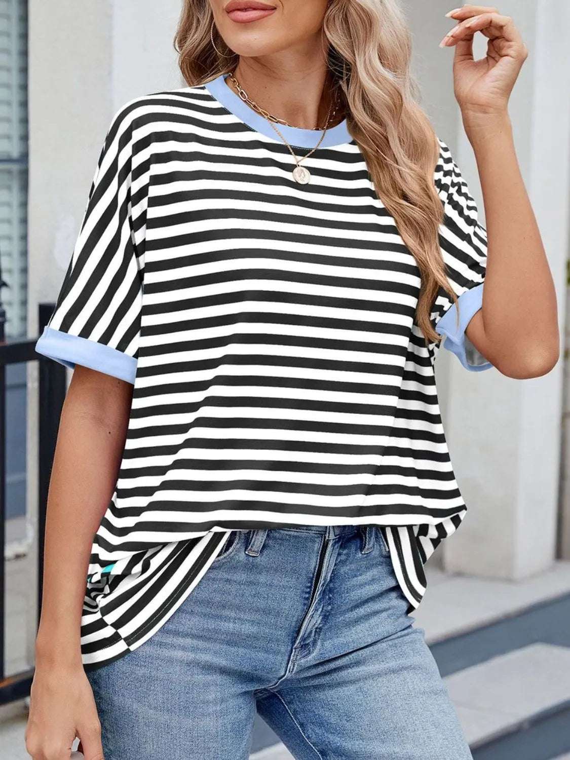 Striped Round Neck Half Sleeve T-Shirt - Premium Women / Tops from Trendsi - Just $19.34! Shop now at Handbags Specialist Headquarter