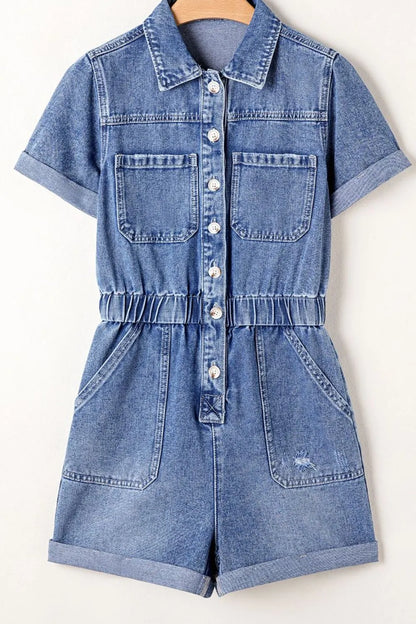 Chest Pocket Front Buttoned Folded Edge Denim Short Sleeve Romper - Premium Women / Jeans & Denim from Trendsi - Just $62.04! Shop now at Handbags Specialist Headquarter