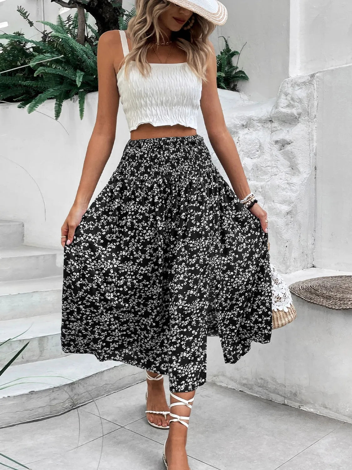 Slit Smocked Printed Skirt - Premium Skirts from Trendsi - Just $32.99! Shop now at Handbags Specialist Headquarter