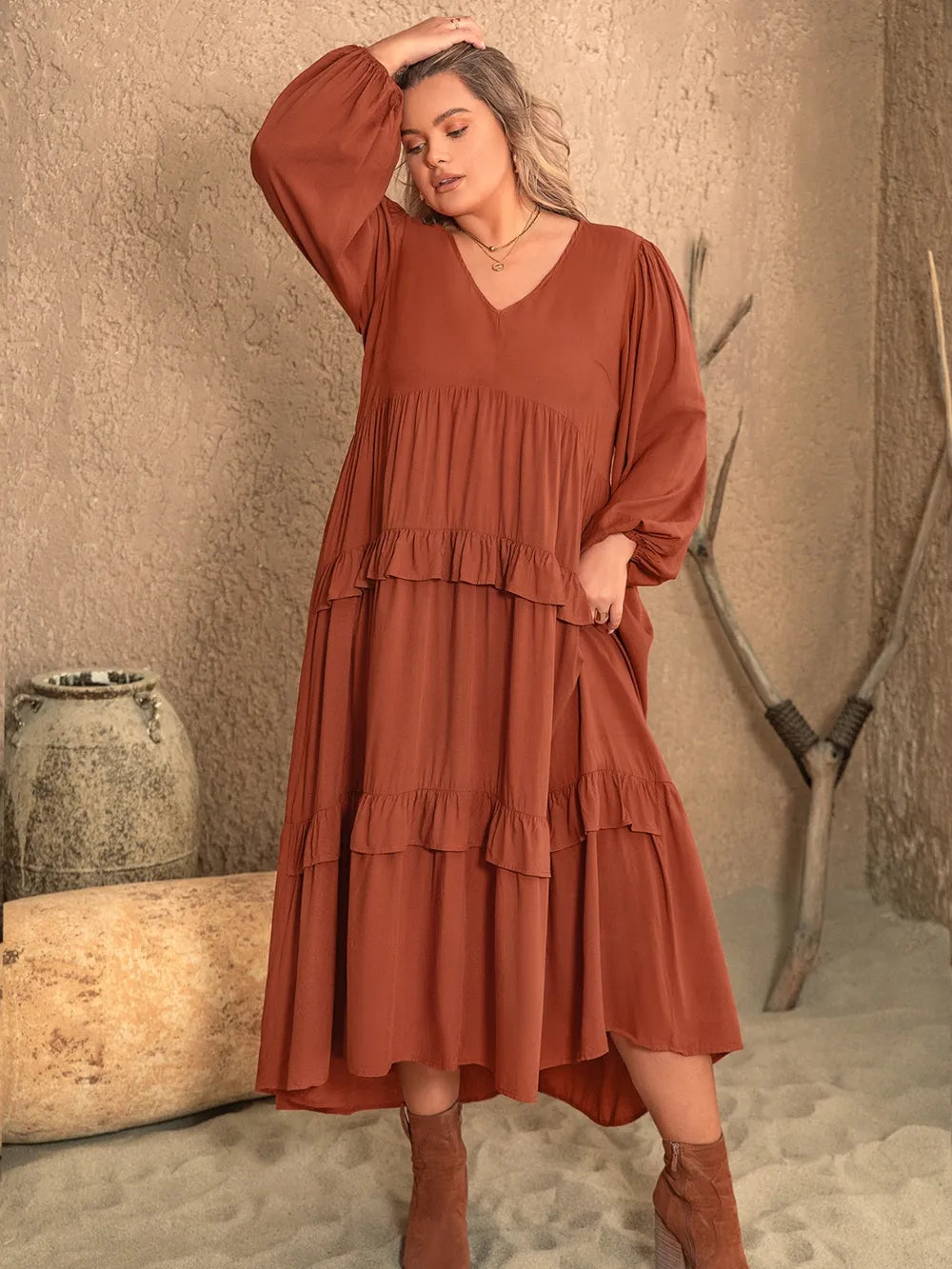 Plus Size Ruffled V-Neck Balloon Sleeve Dress - Premium Dresses from Trendsi - Just $46.99! Shop now at Handbags Specialist Headquarter
