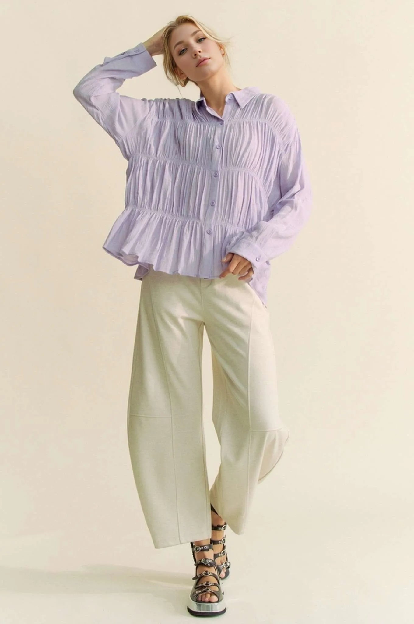 Davi & Dani Ruched All Over Button Front Shirt - Premium Women / Jeans & Denim from Trendsi - Just $57.24! Shop now at Handbags Specialist Headquarter