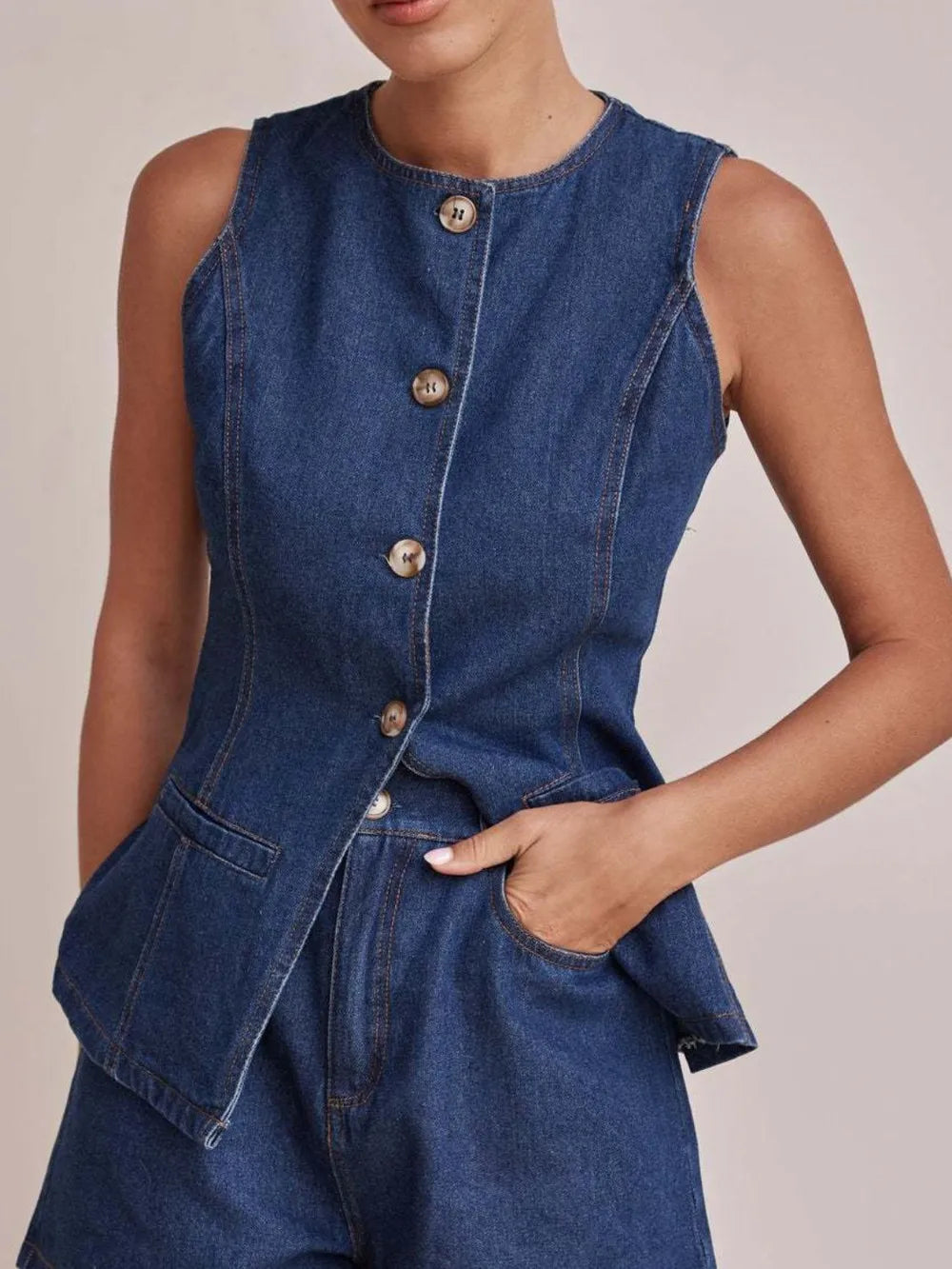 Button Down Denim Vest - Premium Women / Jeans & Denim from Trendsi - Just $34.56! Shop now at Handbags Specialist Headquarter