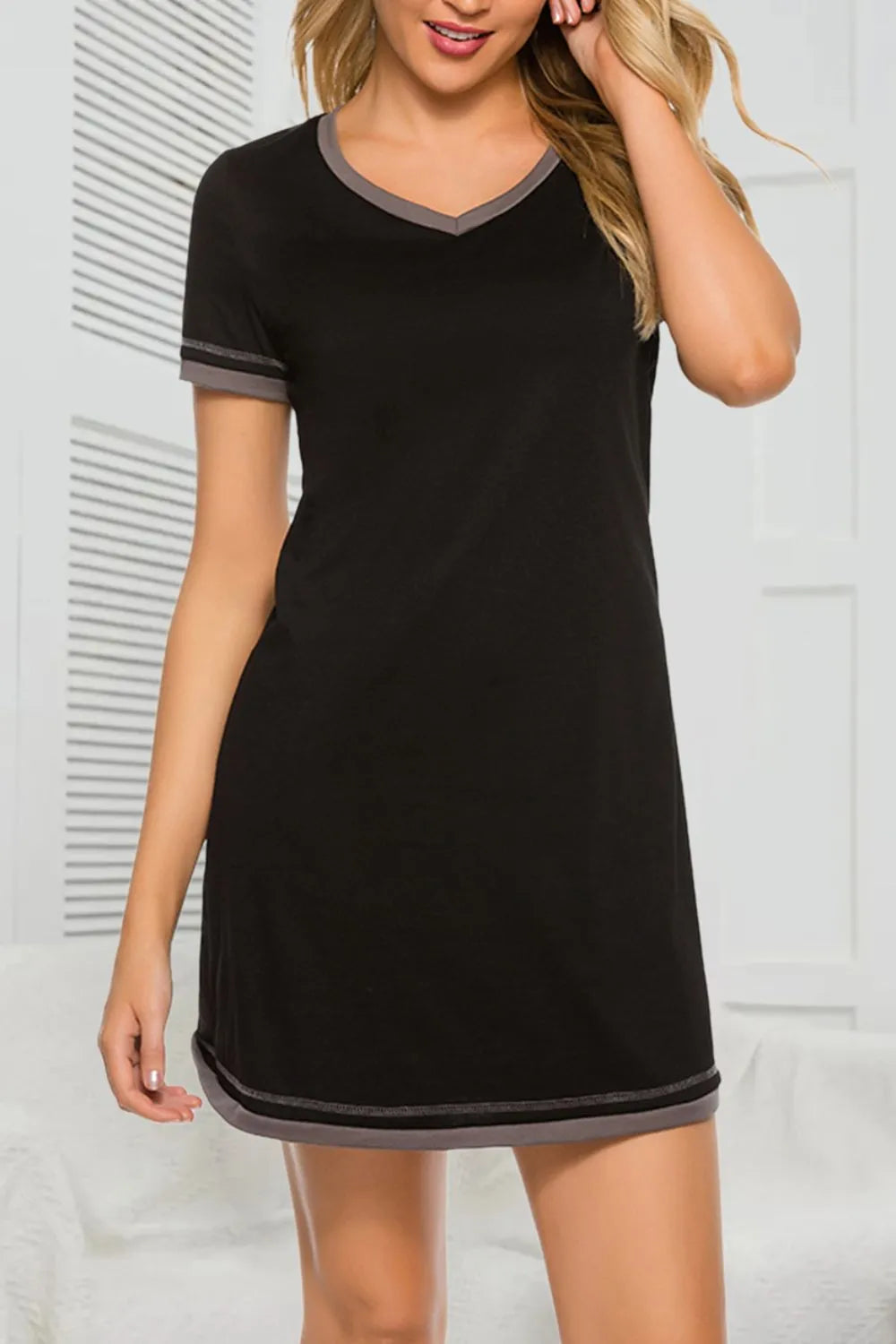 Contrast Trim Short Sleeve Lounge Dress - Premium Sleepwear from Trendsi - Just $26! Shop now at Handbags Specialist Headquarter