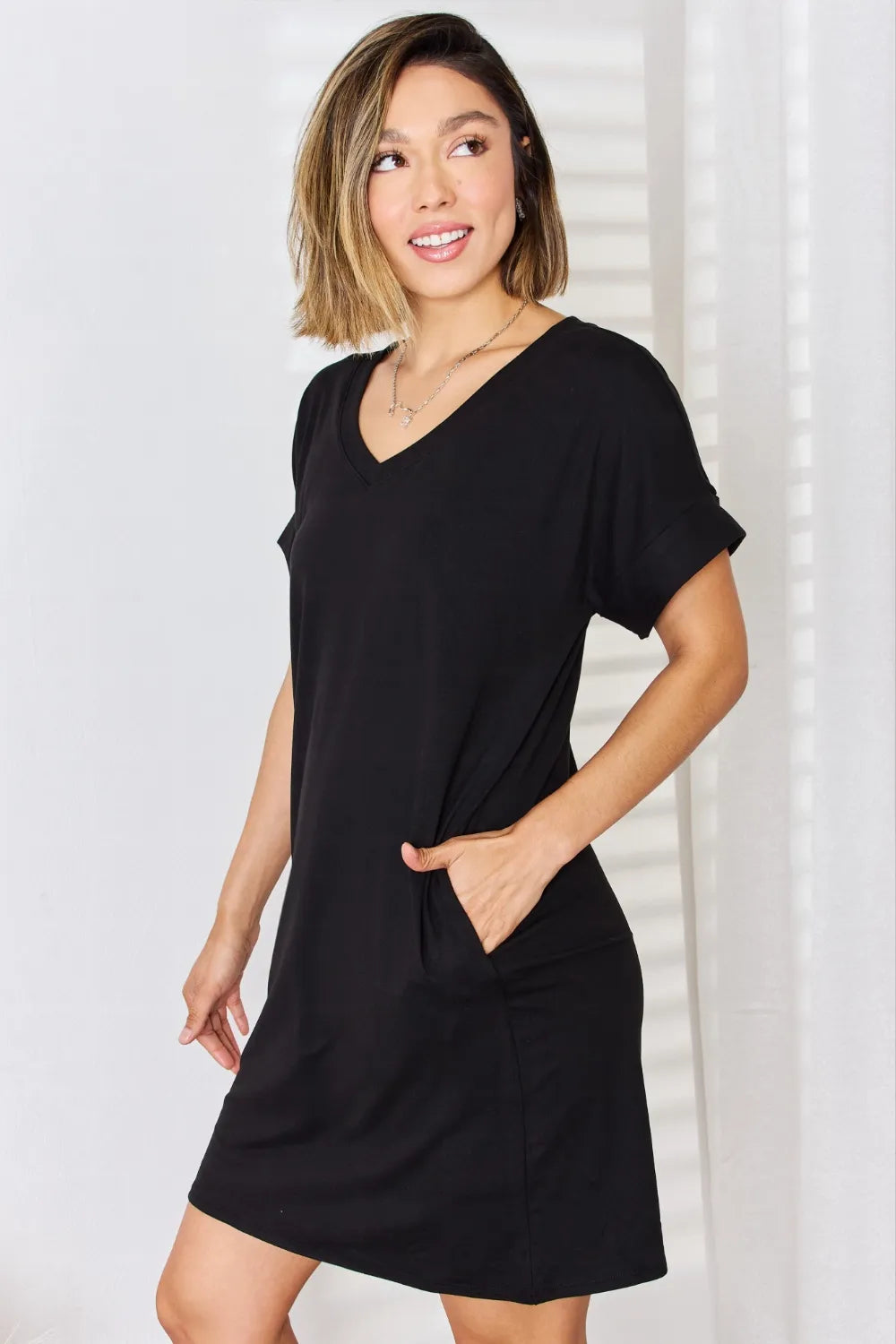 Zenana Full Size Rolled Short Sleeve V-Neck Dress - Premium Dresses from Trendsi - Just $22.99! Shop now at Handbags Specialist Headquarter