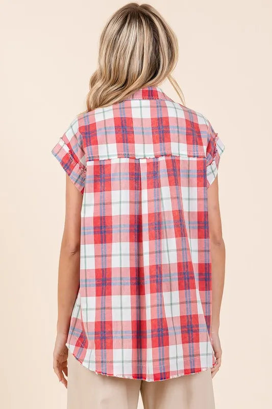 Mittoshop Mineral Wash Plaid Button Down Shirt - Premium Women's Down Shirt Tops from Trendsi - Just $51.26! Shop now at Handbags Specialist Headquarter