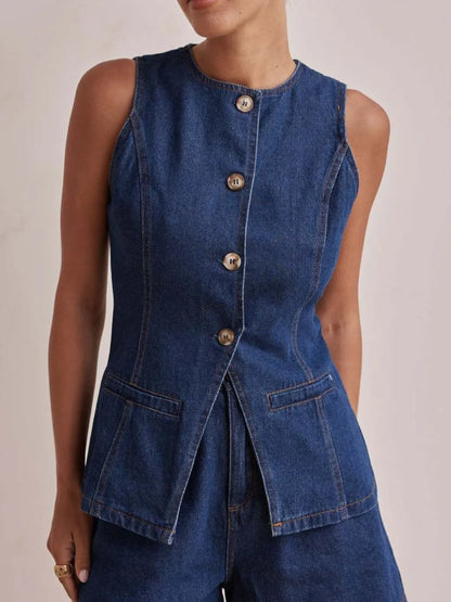 Button Down Denim Vest - Premium Women / Jeans & Denim from Trendsi - Just $34.56! Shop now at Handbags Specialist Headquarter